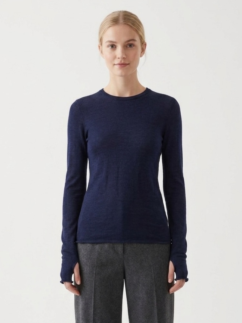 COS 100% Merino Wool Crewneck Navy Long Sleeve Top Size Small Minimalist Scandi